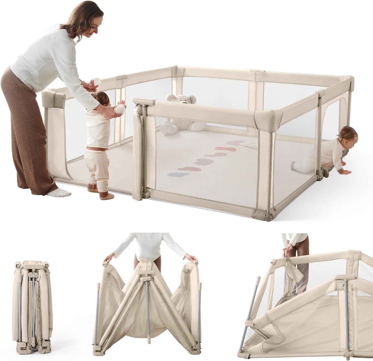 Foldable Baby Playpen,Portable Indoor & Outdoor Playpen for Babies and Toddlers,59”x79”Extra Large Play Pen with Gate,Collapsible Baby Fence with Travel Bag(Light Khaki)