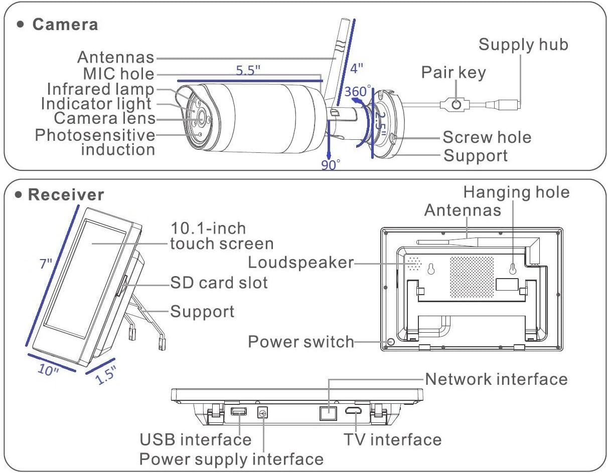 4UCam 1080P HD Digital Wireless Home Security Camera System 4CH 10 Inch HD Touch Split Screen LCD Monitor Indoor Outdoor 2.0 Megapixel Camera (1 Camera Set)