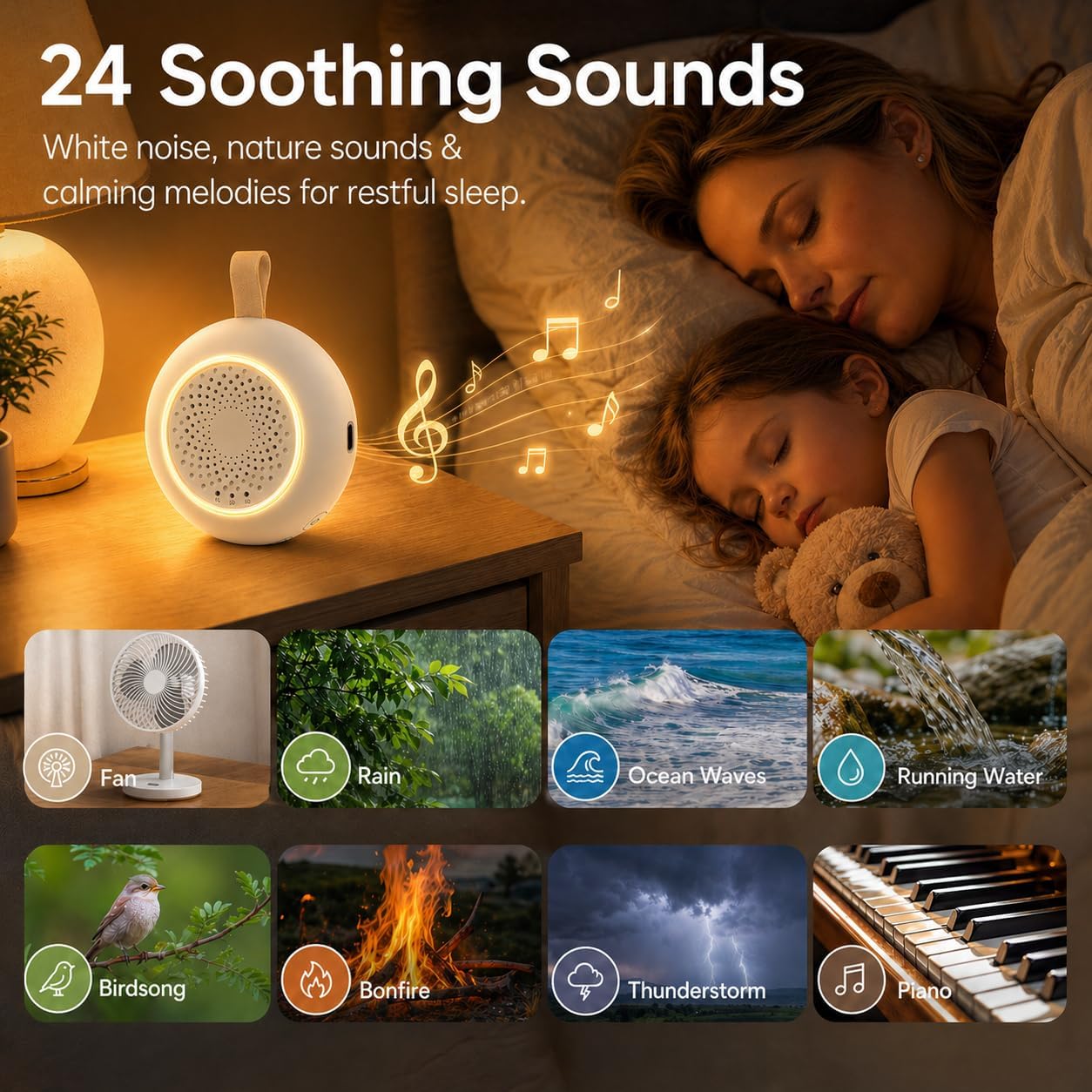 Portable White Noise Sound Machine for Baby, 24 Soothing Sounds, Smart Cry Detection, 18H Playtime, 3-Level Night Light, Timer & Continuous Play, Rechargeable Mini Sleep Soother for Nursery, Travel