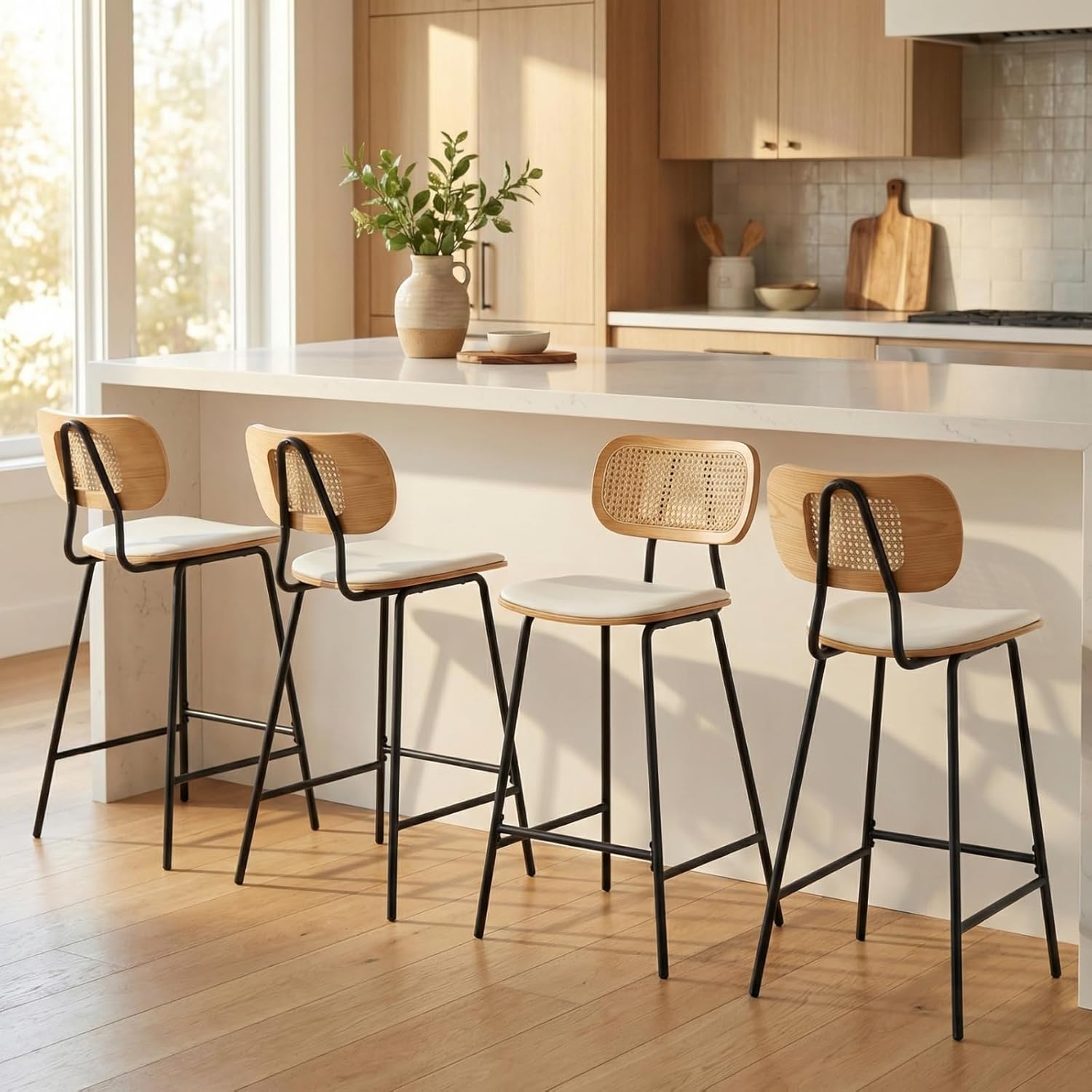 HEAH-YO Rattan Counter Stools Set of 2, 26 Inches Counter Height Bar Stools with Rattan Back and Metal Legs, Faux Leather Kitchen Stools for Island, PU White