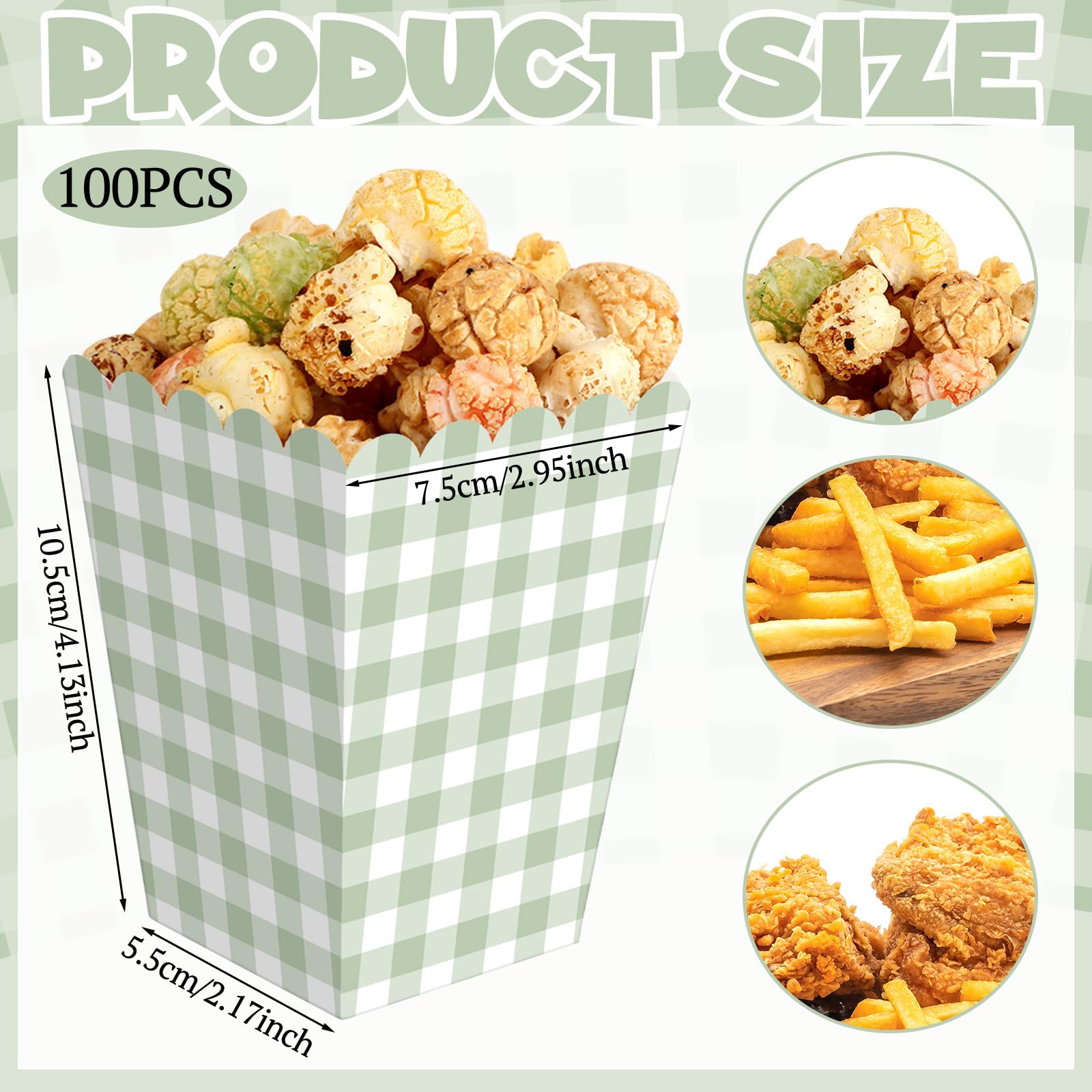 Gueevin 100 scatole per popcorn a quadretti verdi con mini contenitori di carta smerlati per popcorn sfusi a quadretti verdi per feste per feste di cinema, decorazioni per feste di addio al nubilato