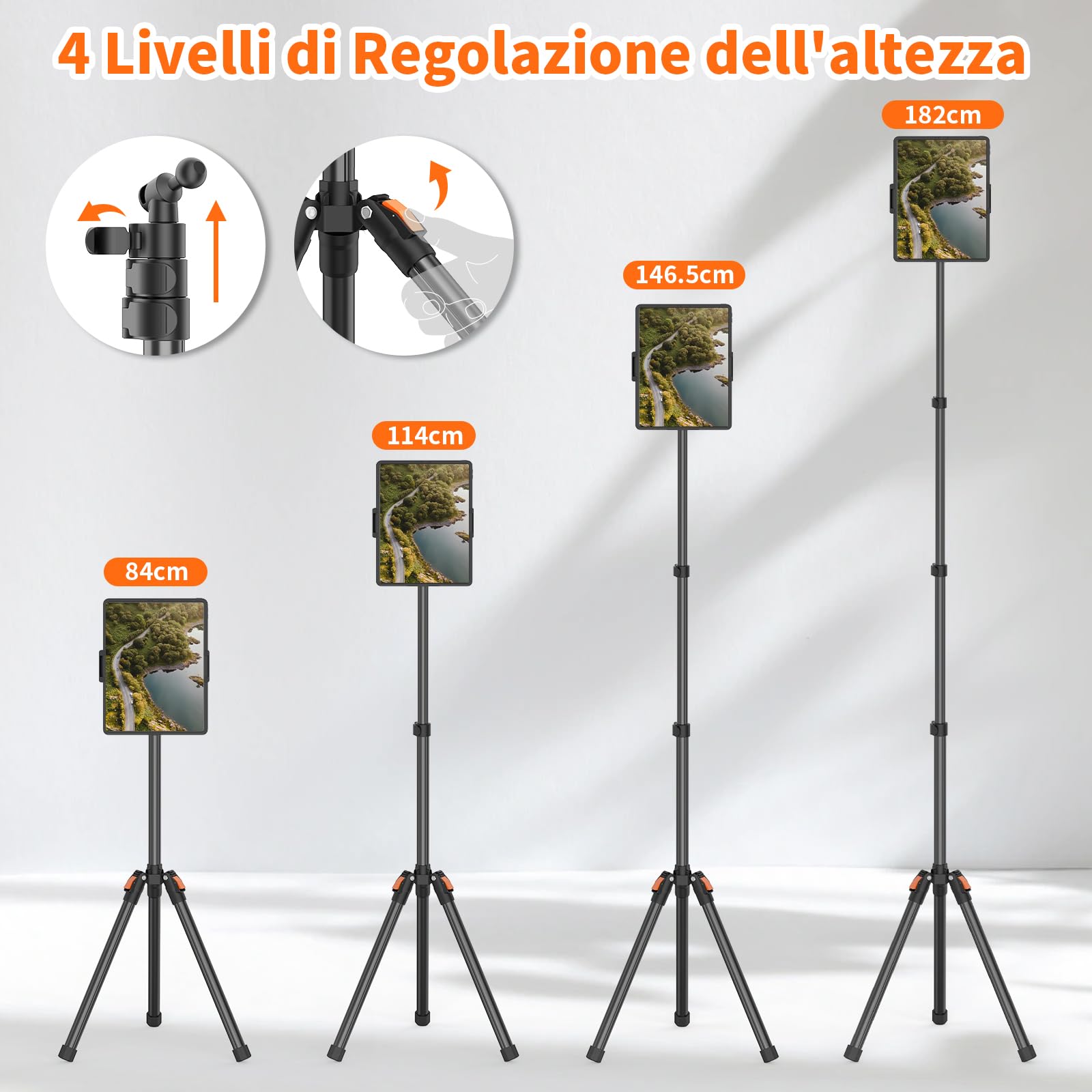 Supporto per Tablet e Cellulari da Pavimento 182cm, Treppiede Girevole 360°, Altezza Regolabile Pieghevole Inverso