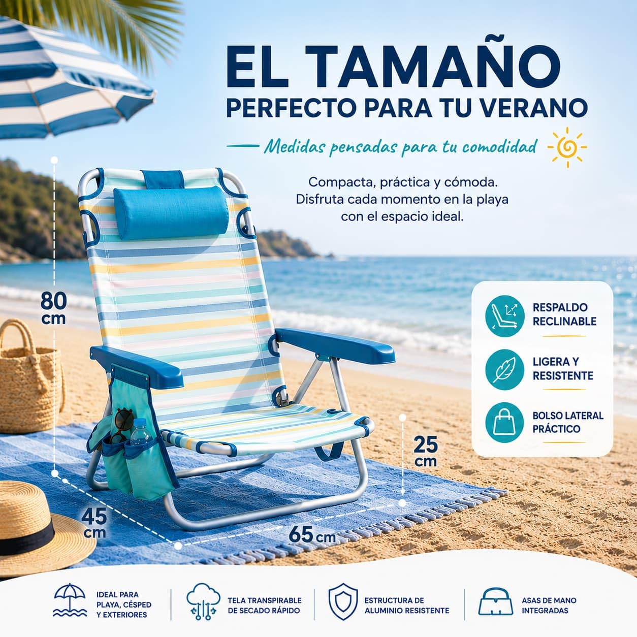 Silla Playa Plegable multiposición - con reposacabezas, Almohadilla y Bolso Lateral - Estructura de Aluminio Ligera y Tela Transpirable - Asas de Mano integradas