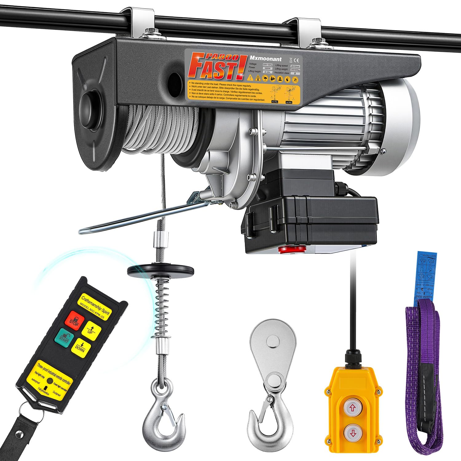 Mxmoonant Paranco elettrico, 200/400 kg, tipo veloce 10/20 m/min, sollevamento 6/12 m, controllo wireless e via cavo, 1600 W