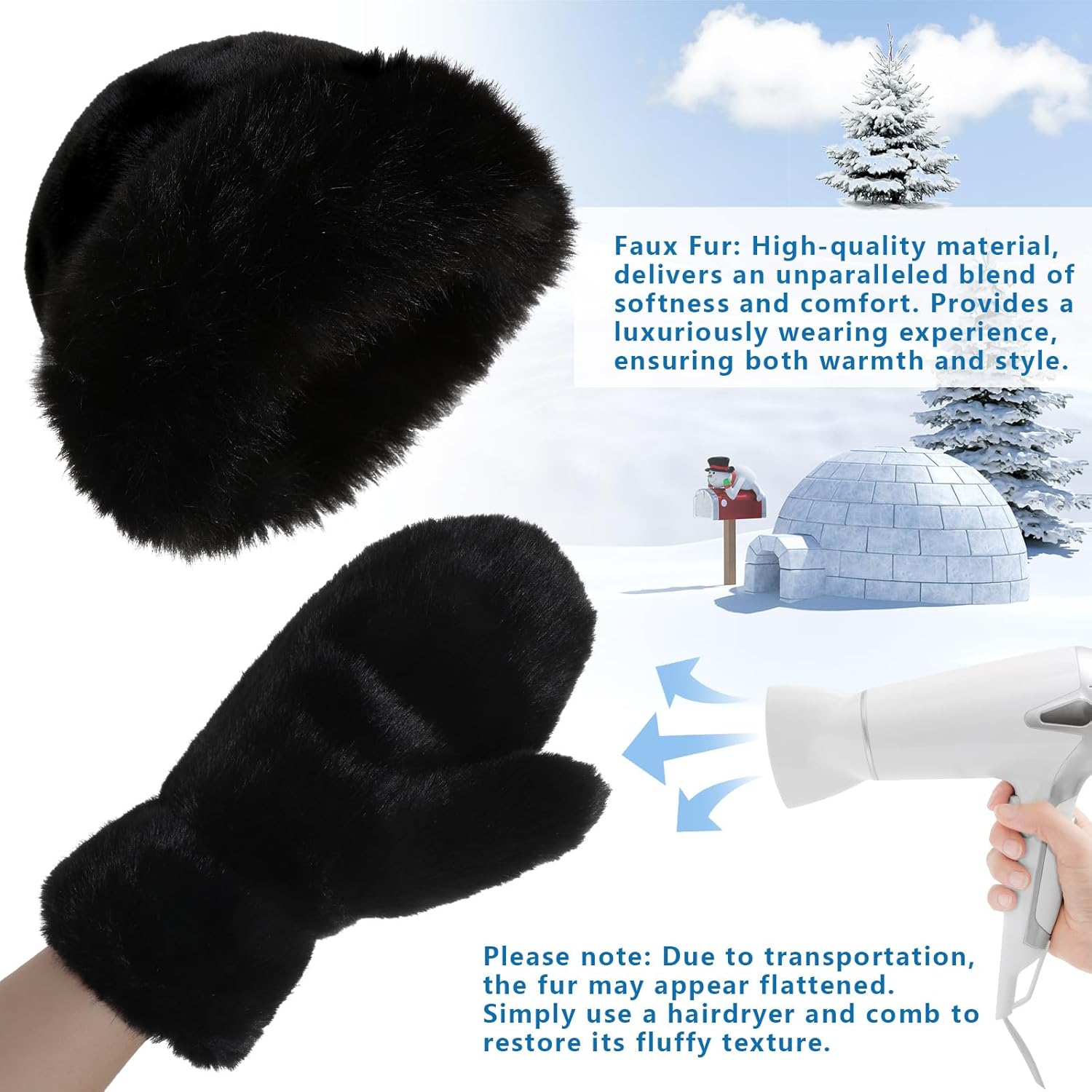 3 Pieces Faux Fur Bucket Hat Set Women, Winter Fluffy Fisherman Plush Warm Hats Warmer Bucket Hat Sherpa Lined Mittens Glove - Image 4
