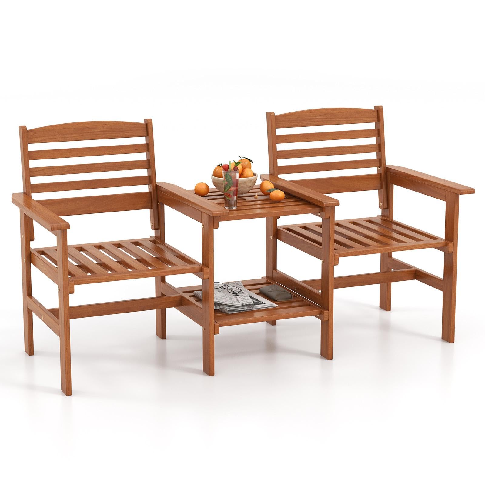KOMFOTTEU 2-Sitzer Gartenbank Massivholz, Sitzbank mit Beistelltisch & Schirmloch, Terrassenbank Gartenmöbel Set für Balkon Garten