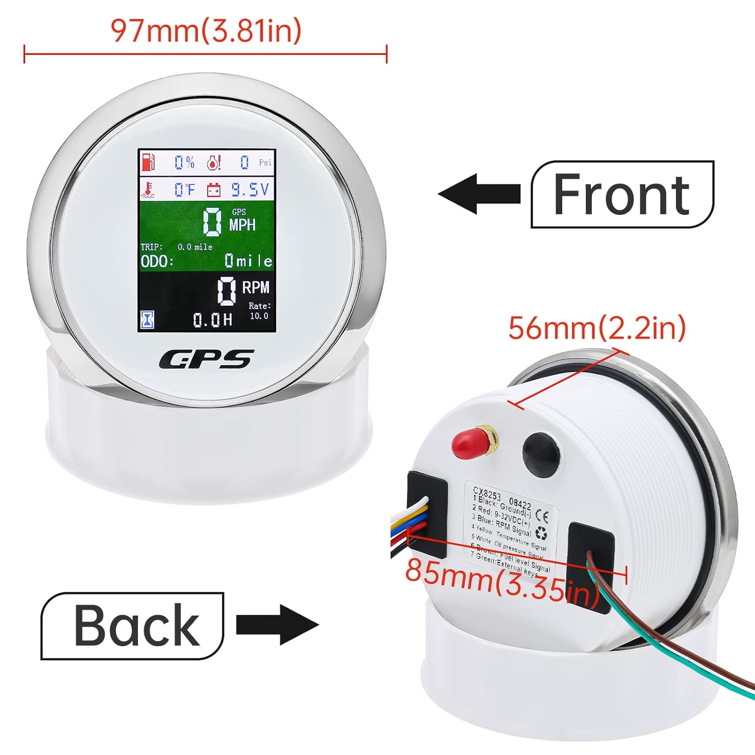 Front and back dimensions of the MAIMEIMI 6-in-1 GPS Speedometer, showing 97mm front diameter and 85mm body diameter