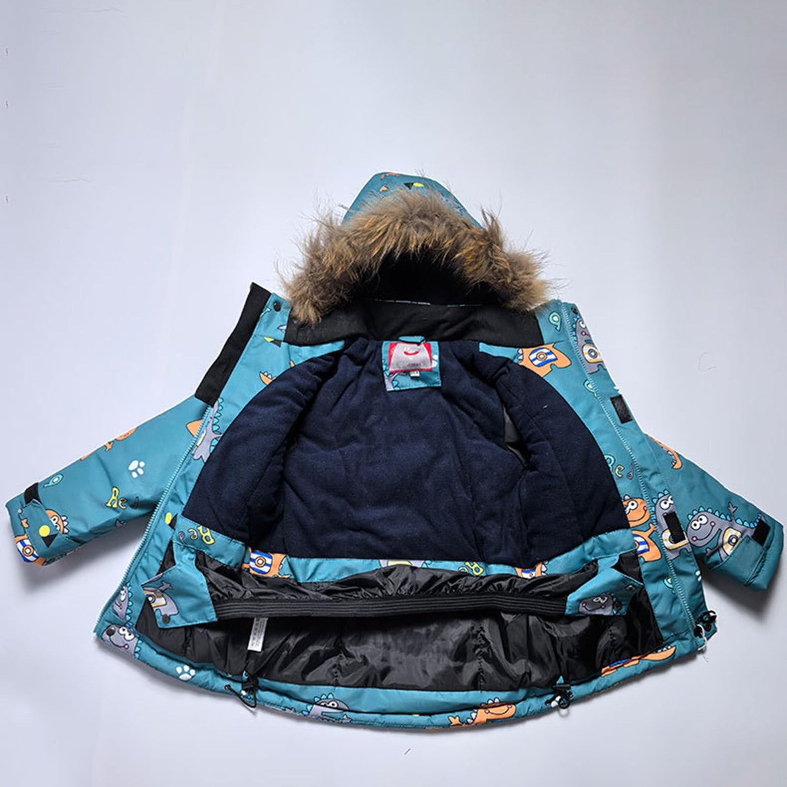 Generisch Kinder Winter Skianzug-Set, Winddicht Schneeanzug mit Kapuze, Dinosaurier Muster, Türkis-Grau, Fleece Gefüttert, Reflektierenden Streifen, für 3-10 Jahre, Winter Outdoor Sportbekleidung