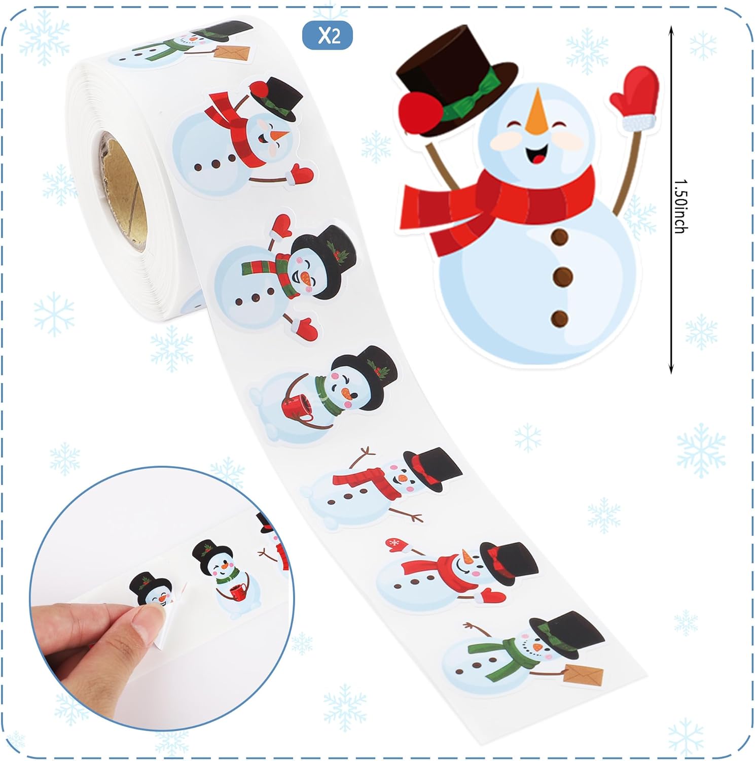 1200 PCS Snowman Roll Stickers Christmas Snowman Envelope Labels Stickers Xmas Assorted Snowmen Seal Stickers Roll for Kids Winter Christmas Holiday Party Gift Decor