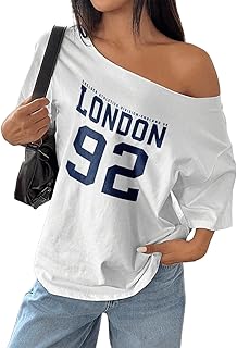 sxv style SXV Oversized Off-Shoulder Loose London 92 Print Oblique Shoulder T-Shirt Graphic Tees-picture-19