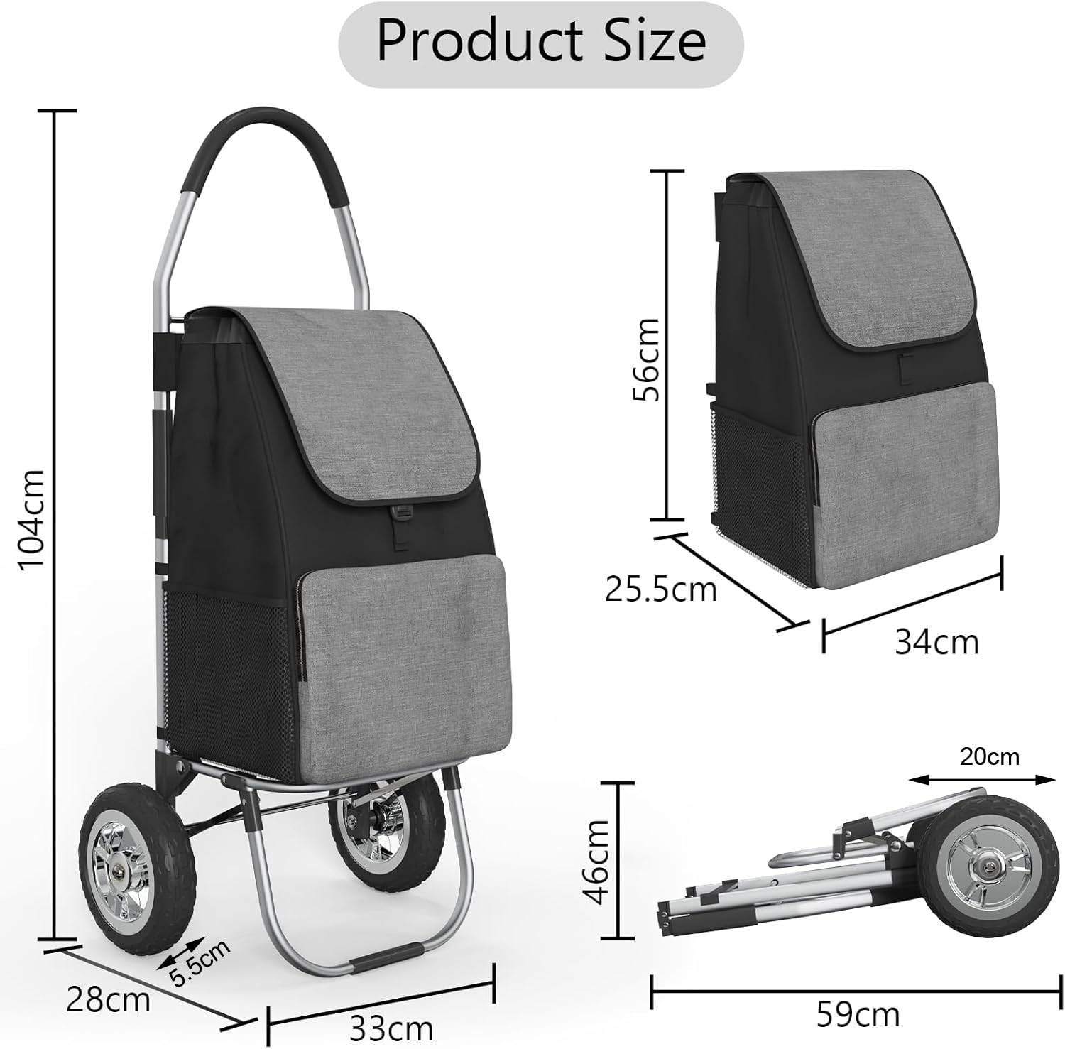DROMEZ Wózek na zakupy, duże koła, wózek na zakupy, składany, 50 l, duża torba na zakupy z kółkami, obciążenie 50 kg, czarny i szary