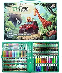 Super Maleta Pintura Safari Canetinhas Lápis Desenhos 168 peças Estojo de Colorir Selva Presente Meninos
