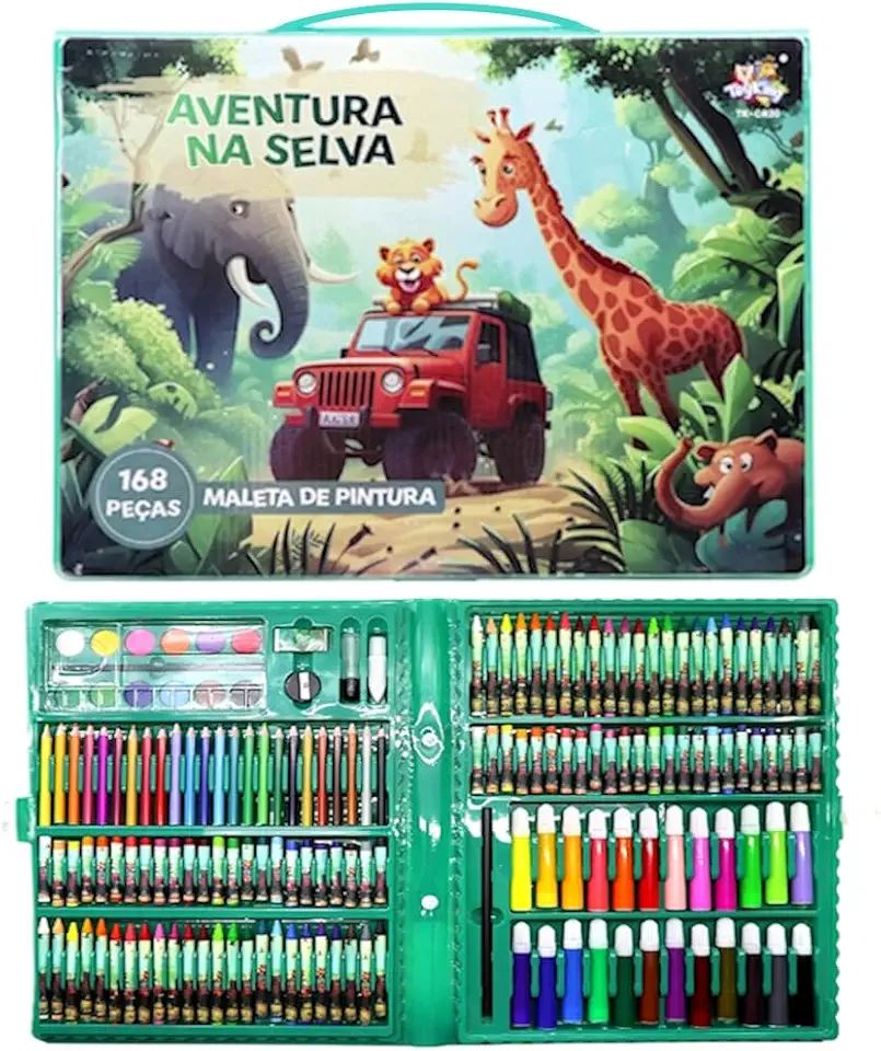 Super Maleta Pintura Safari Canetinhas Lápis Desenhos 168 peças Estojo de Colorir Selva Presente Meninos