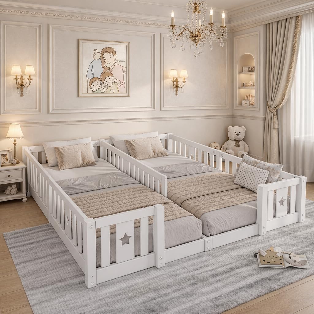Letto Montessori Doppio 2x90x200 in Legno Massello, Letto Bambini con Sponde di Sicurezza, Letto a Terra per Cameretta, Letto Bambini Montessori, senza Rete a Doghe, Bianco