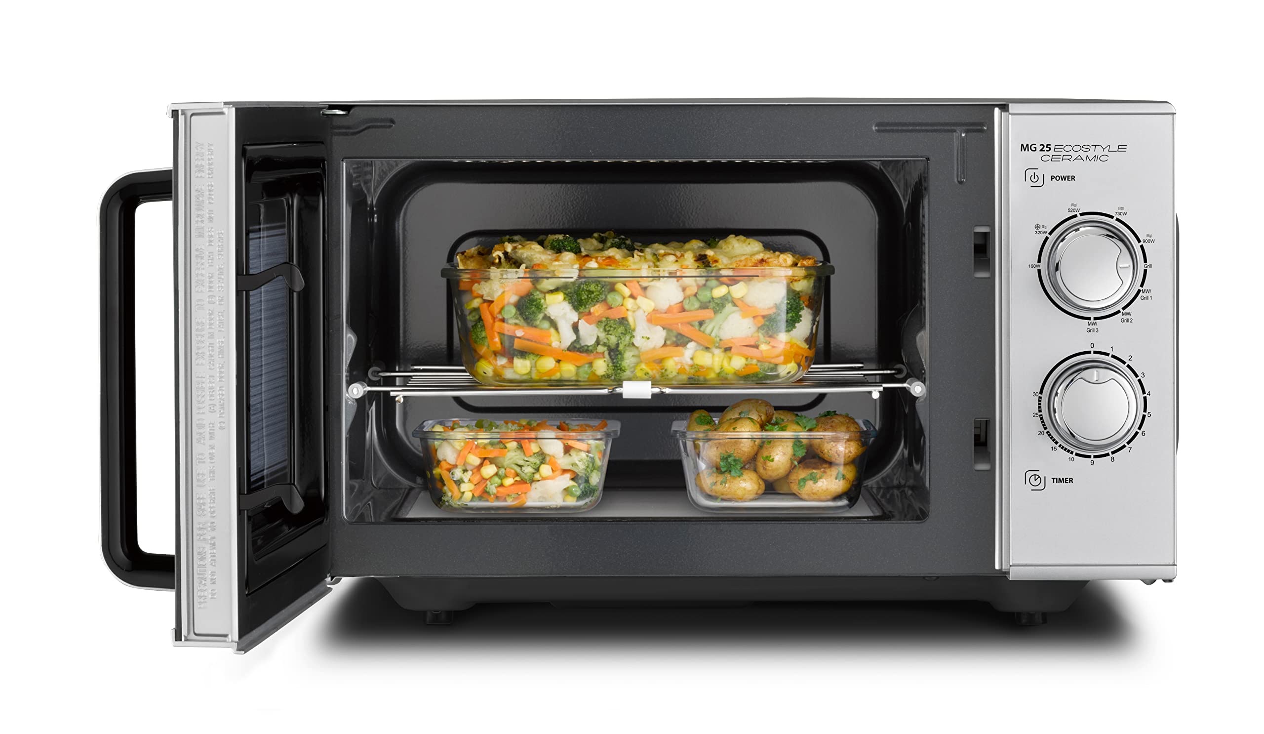 CASO MG 25 Ecostyle Ceramic - Forno a Microonde 2 in 1 senza piatto girevole con grill da 1000W - Capacità 25L - Timer fino a 30 minuti - grande - argento