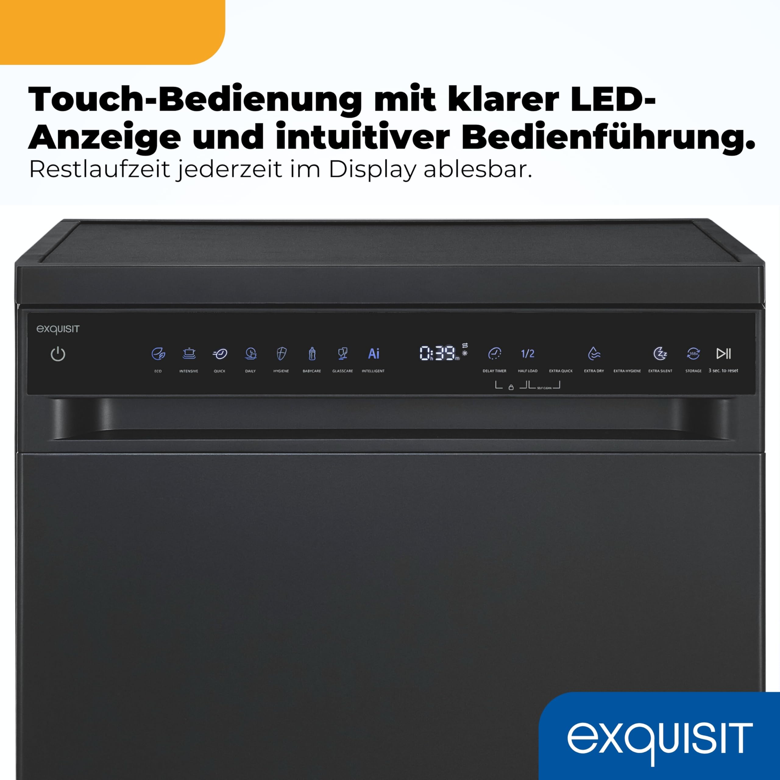 Exquisit Geschirrspüler | 60cm Breite, 16 Gedecke, Energieklasse B, 45 dB | 8 Programme, Auto-Programm, Selbstreinigung, Extra-Trocknung, Hygiene, Startzeitverzögerung Aquastop | GSP9616-450B schwarz
