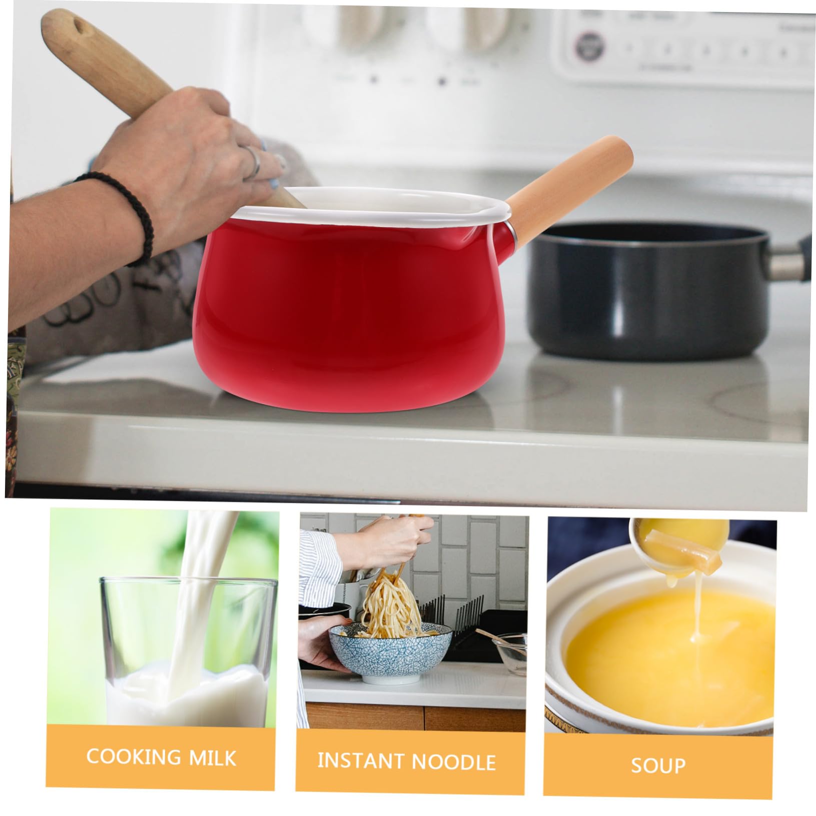 Pentola per Latte Smaltata 15Cm Doppio Beccuccio Manico Ergonomico Antiscottatura Adatta per Cottura di Noodles Salse Dessert e Alimenti per Bambini