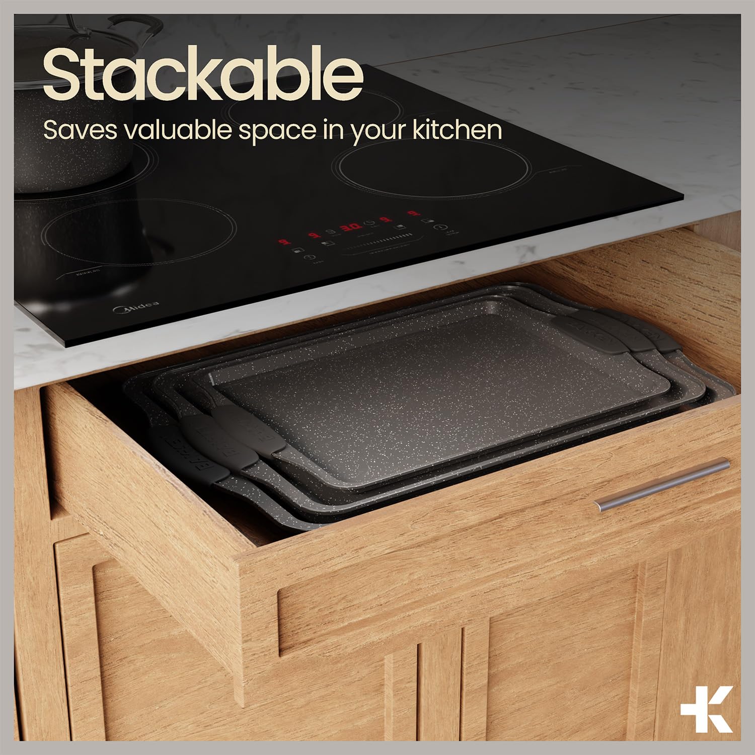 BAKKENMaster 6-teiliges Backformen-Set mit grauer Marmorbeschichtung, professionelle Qualität, Karbonstahl, mit Silikongriffen, ideal für Ofen, Kühlschrank, Gefrierschrank, spülmaschinenfest