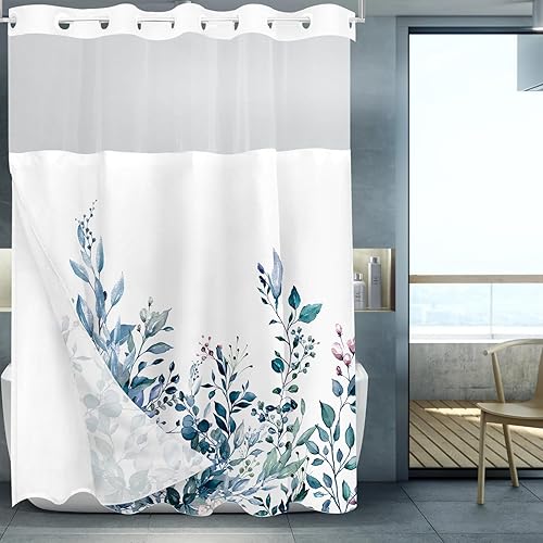 Vista 551 de Tititex - Juego de cortinas de ducha de eucalipto verde oliva, hojas de acuarela en la parte superior con decoración floral de baño, 60 x 72 Hojas