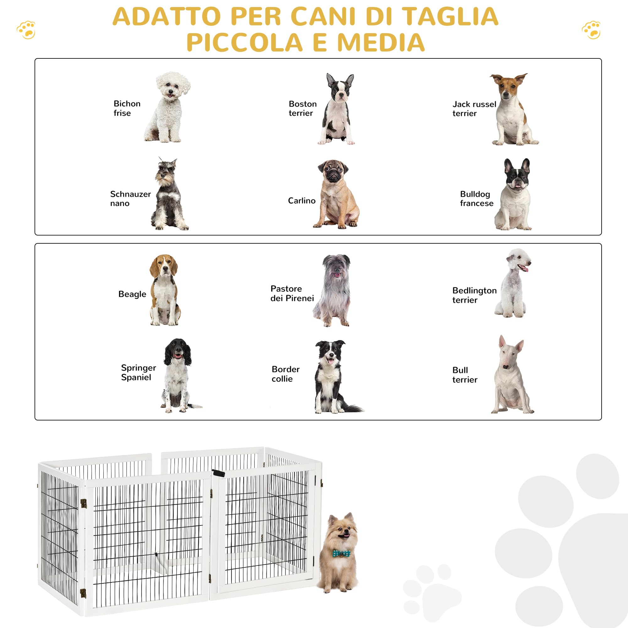 PawHut Cancelletto per Cani di Piccola/Media Taglia a 6 Pannelli Pieghevoli, Cancelletto di Sicurezza in Legno e Acciaio, 432x36x70 cm, Bianco