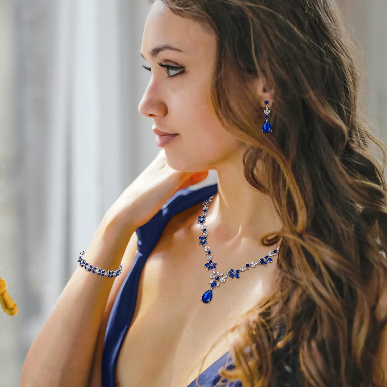 Crysdue Wedding Jewelry Set for Women, Floral Leaf Vine Teardrop Necklace Dangle Earrings Bracelet and Hair Comb, Cubic Zirconia Elegant Party Prom Jewellery for Bridal Bridesmaid - Image 2