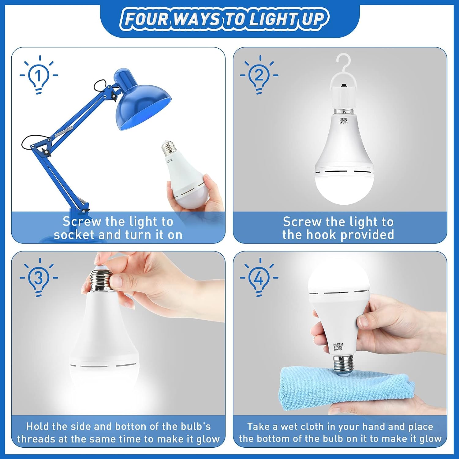 Rechargeable Emergency LED Light Bulb White 6500K Battery Backup for Power Failure with Hook E27 Base Light Bulbs for Camping Outdoor Activity Power Outage (16 Pieces,12 Watt)