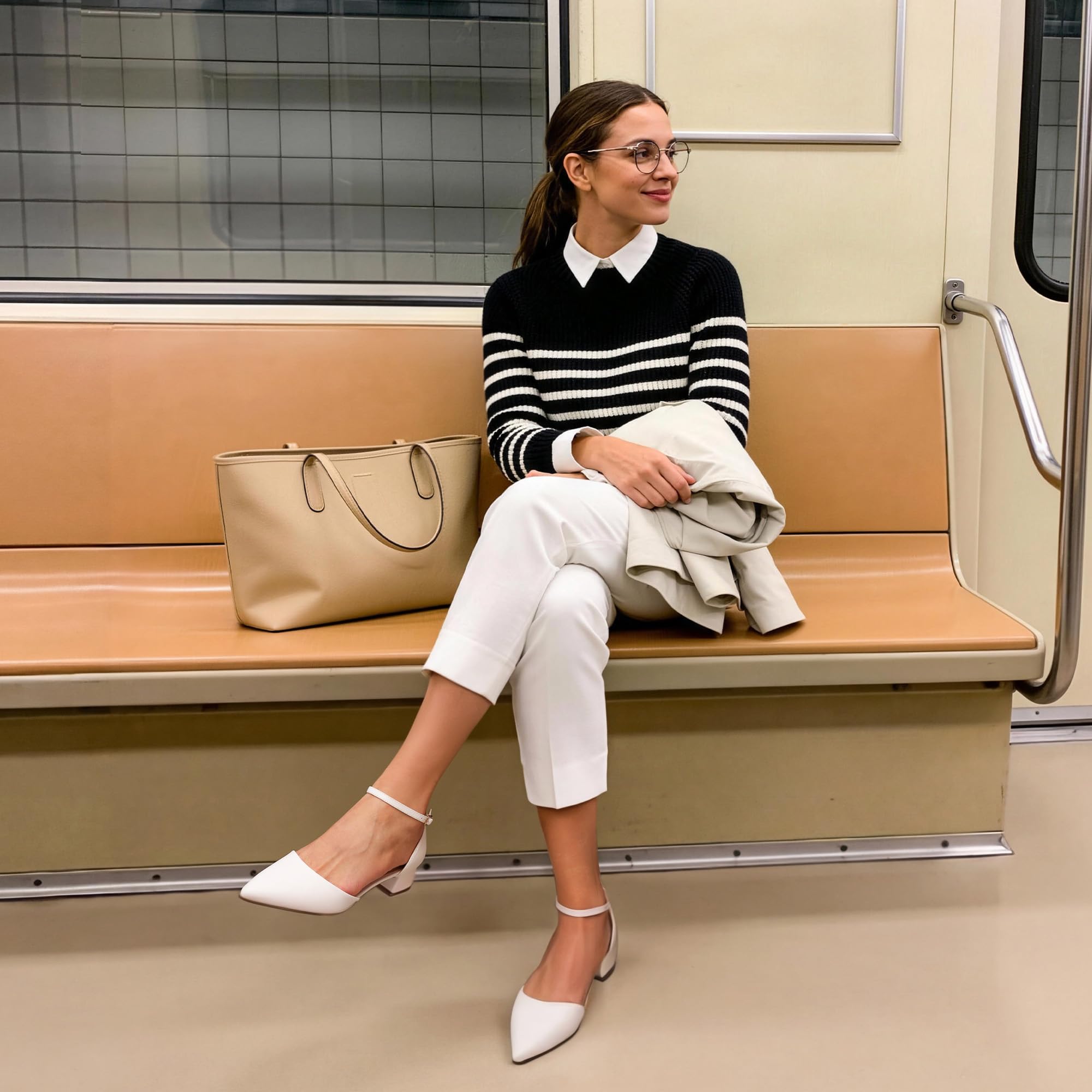 DREAM PAIRS Scarpe con Tacco Basso da Donna - Décolleté Chiusi Punta Affilata, Eleganti Comode Casual Ballerine con Cinturino alla Caviglia