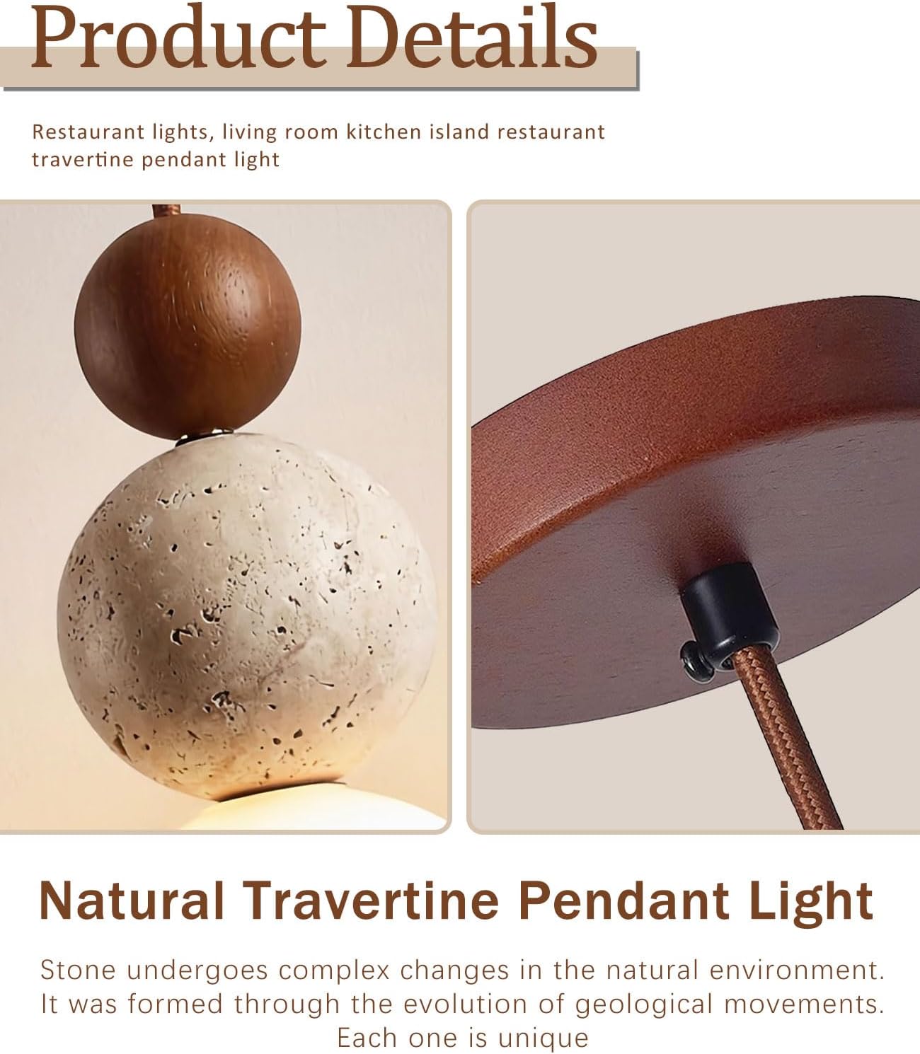 Natural Yellow Travertine Pendant Light, 10.6" H Modern Wabi Sabi Pendant Light Fixture with 3 Different Material Spheres, Retro Japanese Pendant Lights for Bedside Bedroom Kitchen Island