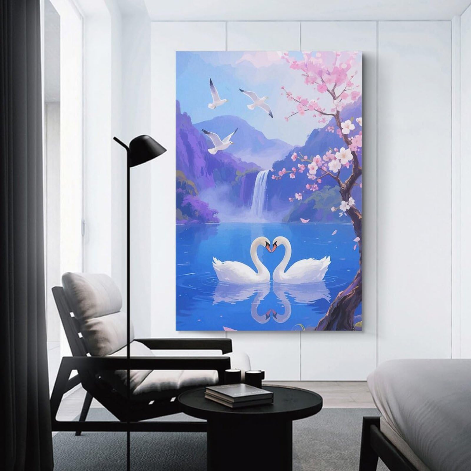 Swan Spring Landscape Decorative Wall Artwork, 24x36inch(60x90cm), for Home Lounge, Bedroom Or Reading Nook, Easy Decor for Gallery Walls