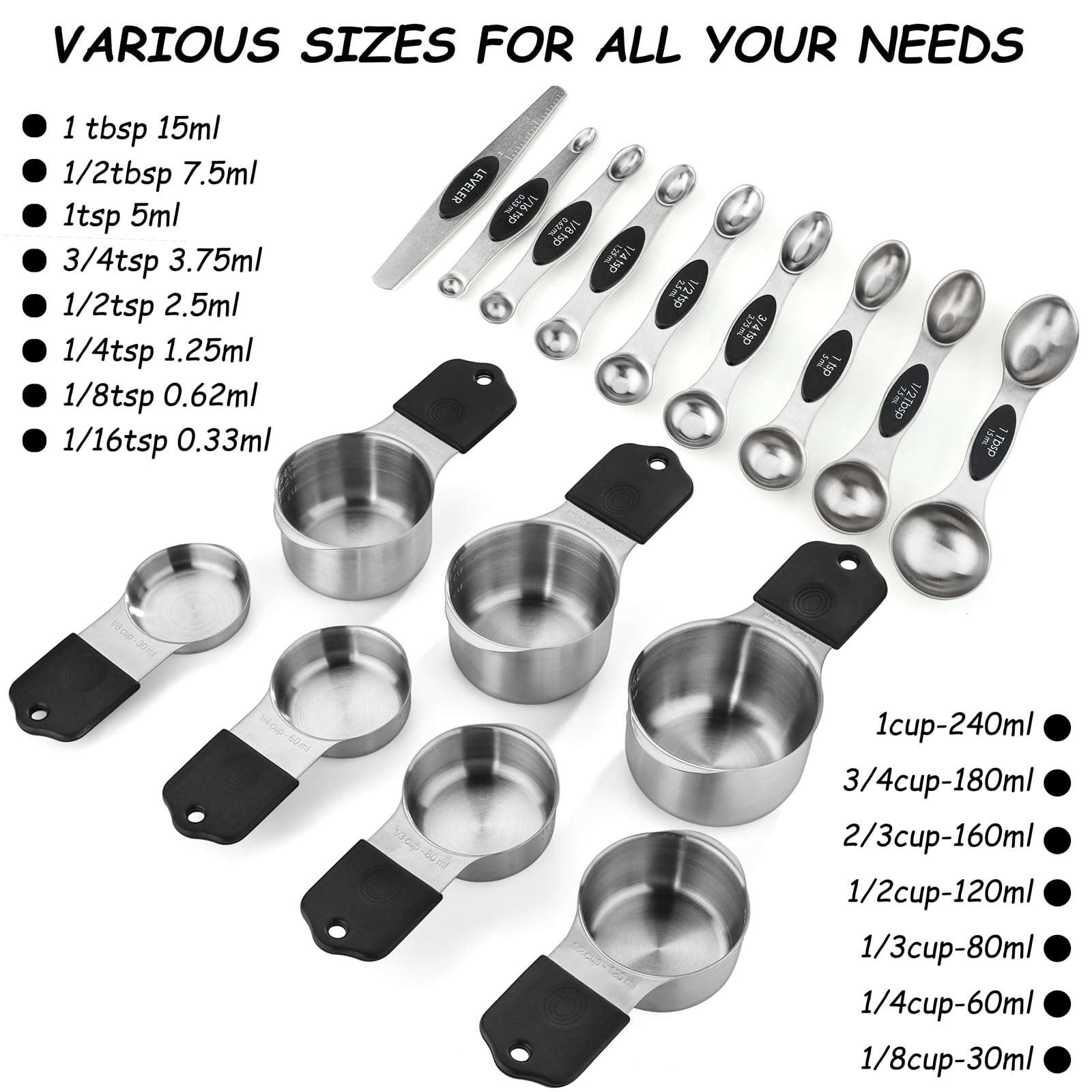 16-teiliges Messbecher & Löffel-Set Aus Edelstahl – 8 Stapelbare Becher + 7 Magnetische Löffel + Abstreifer
