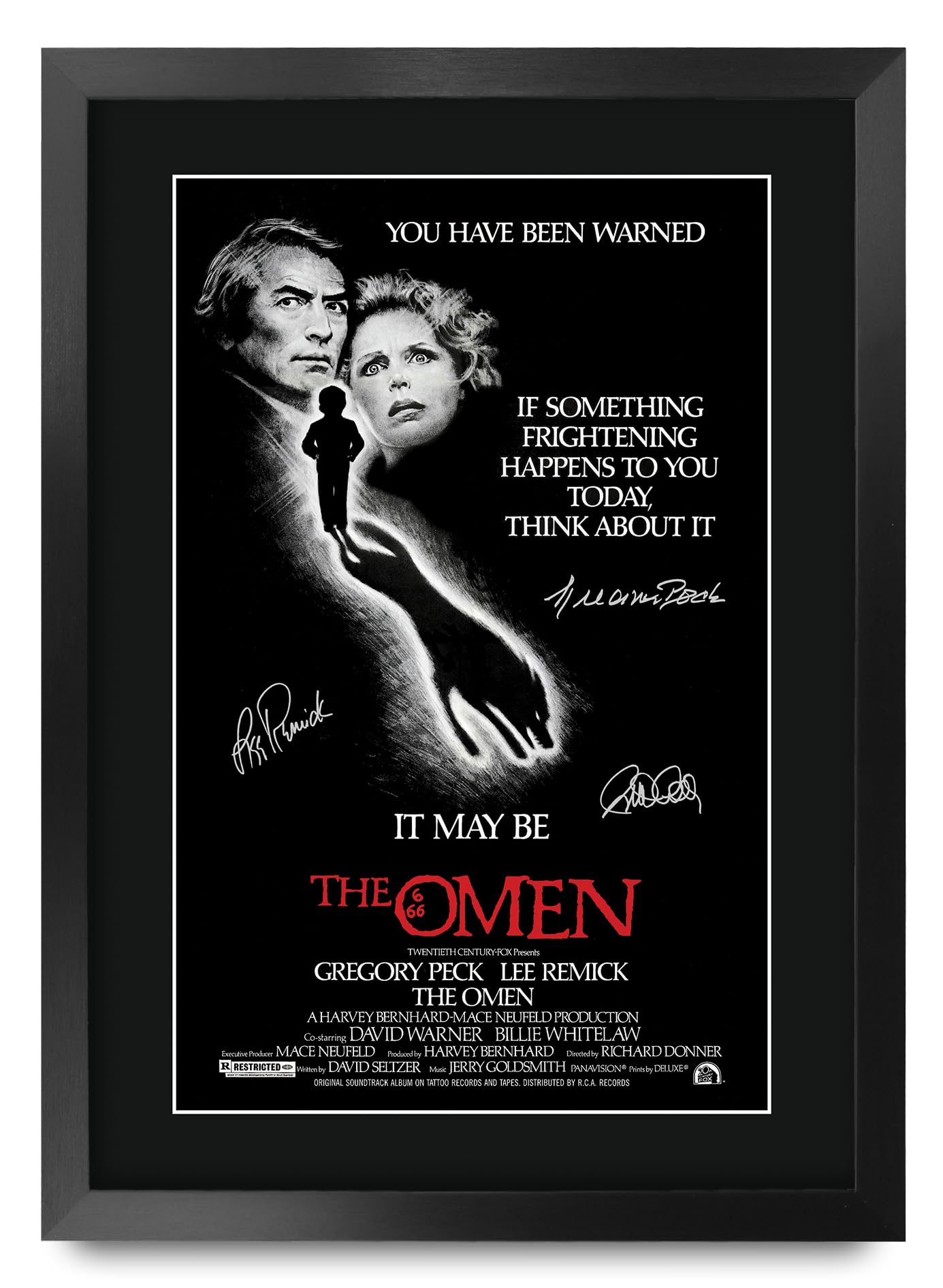 HWC Trading FR A3 The Omen (1976) Geschenke Geduckter Poster Signiertes Autogramm Foto für Fans von Film Memorabilien - A3 Gerahmt