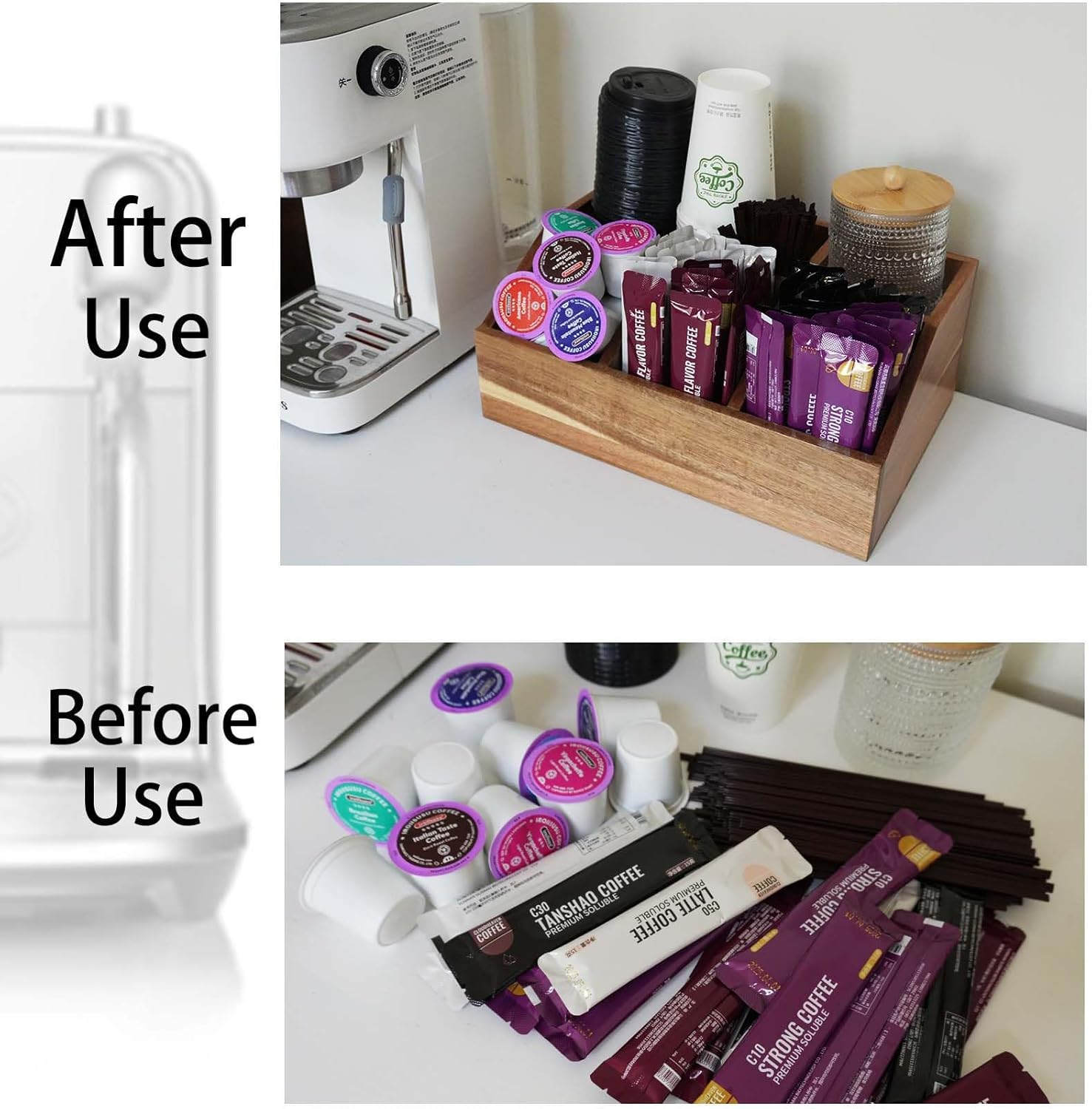 Acacia Wood Coffee Bar Organizer, Multi-Compartment Coffee Station Caddy for Countertop, Stylish Organizer for Home & Office (yellow)