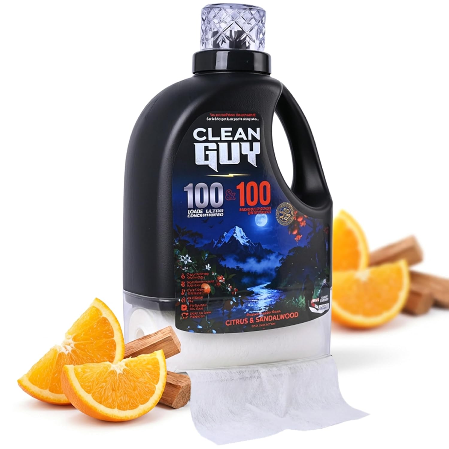 Clean Guy Laundry Detergent with Dryer Sheets Citrus Sandalwood Scent Energizing Freshness Deep Clean Technology Soft Fresh Clothes