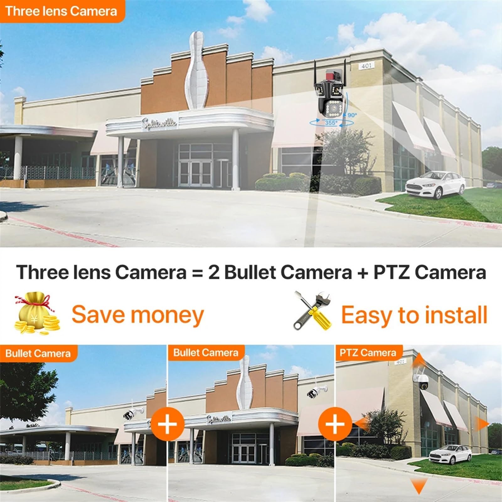 Cámara IP 5K 12MP HD cámara PTZ de Tres Lentes for Exteriores 2K Seguridad con detección Movimiento Doble Lente vigilancia Impermeable Detección de Movimiento(2K Camera)
