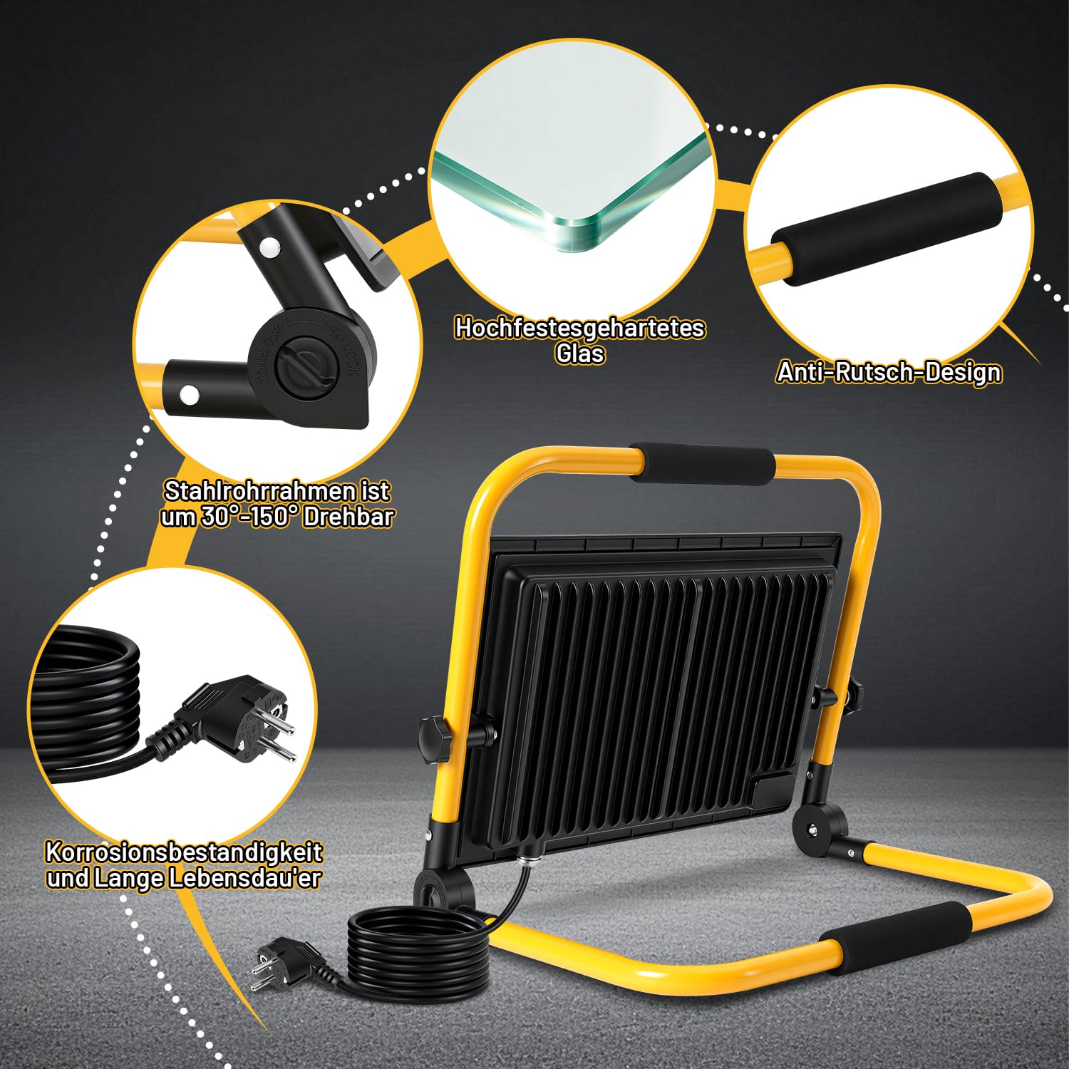1 x reflektor budowlany LED, 200 W, 12000 lm, IP66, kabel 3 m