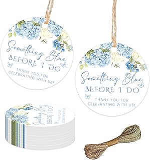 Something Blue Before I Do Bridal Shower Decorations, 50Pcs Dusty Blue Hydrangea Thank You Tags Round Floral Gift Tags with String for Women Wedding Engagement Bachelorette Party Supplies