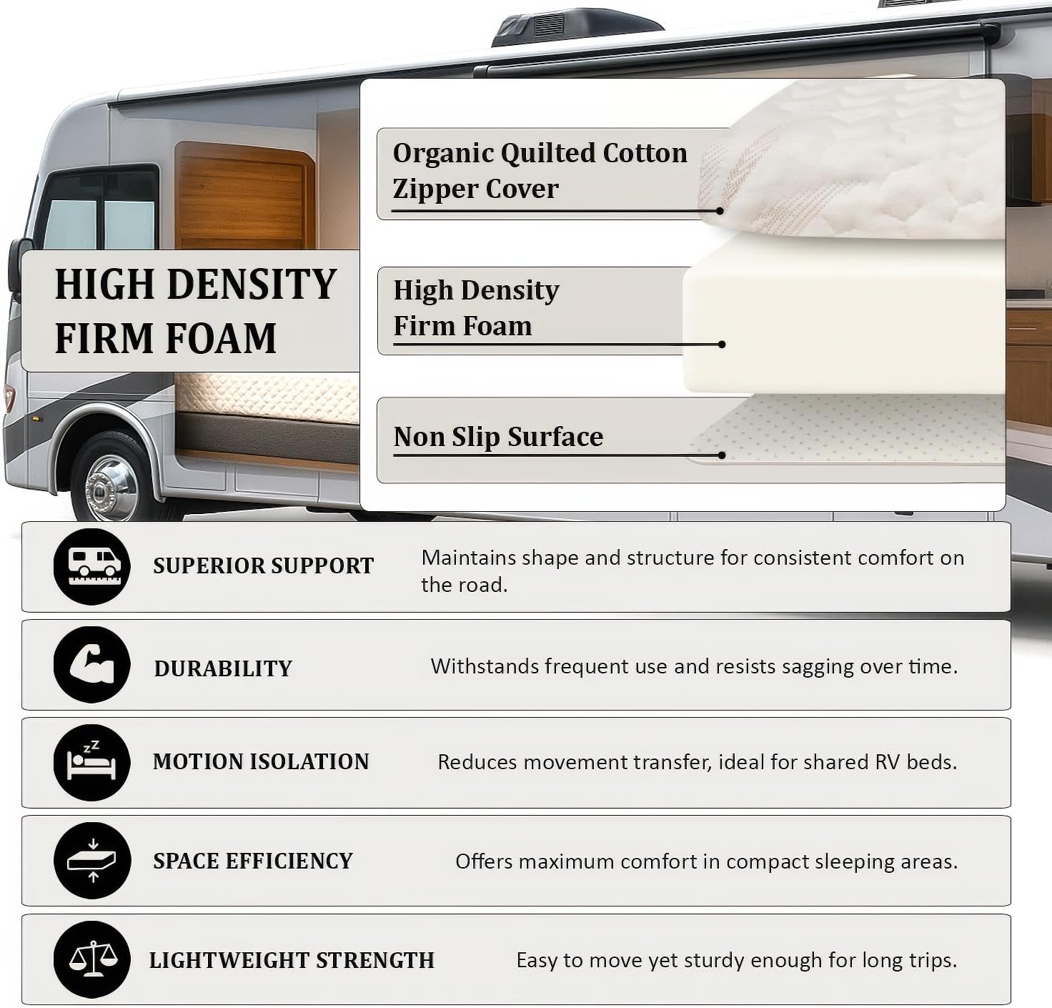 Foamma 6" x 28" x 72" Mattress for RV with Water Resistant Organic Cotton Cover, Firm High Density Foam, USA Made, CertiPUR-US Certified Foam