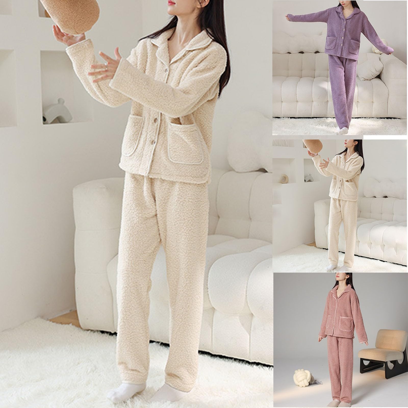 Generisch Pigiama da donna, con fodera in pile, morbido, caldo, biancheria da notte e baggy, in pile, 2 pezzi, con bottoni, risvolto elasticizzato, per dormire