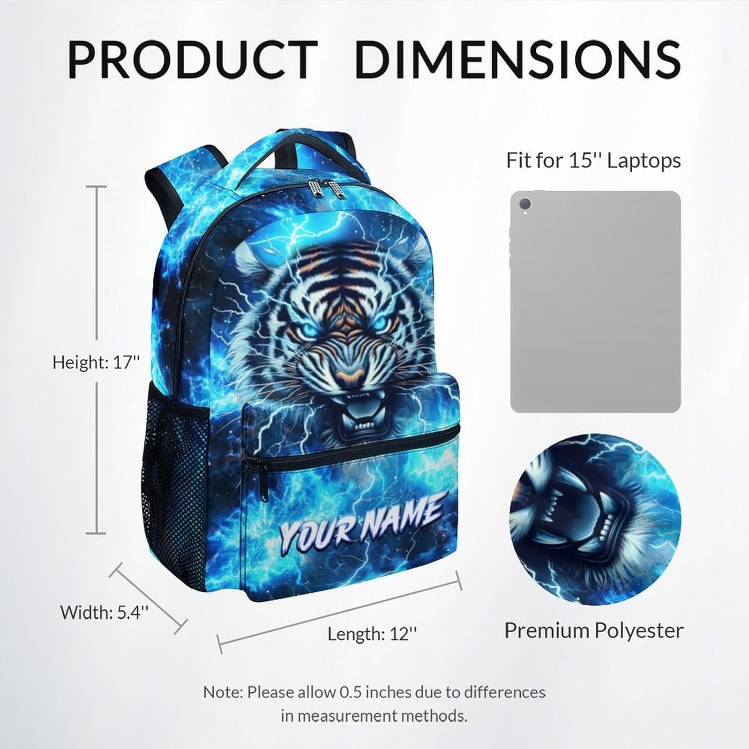 School Backpack for Boys - Personalized Cool Tiger Bookbag for Teens Kids - 17 Inch Backpacks for Primary Middle College