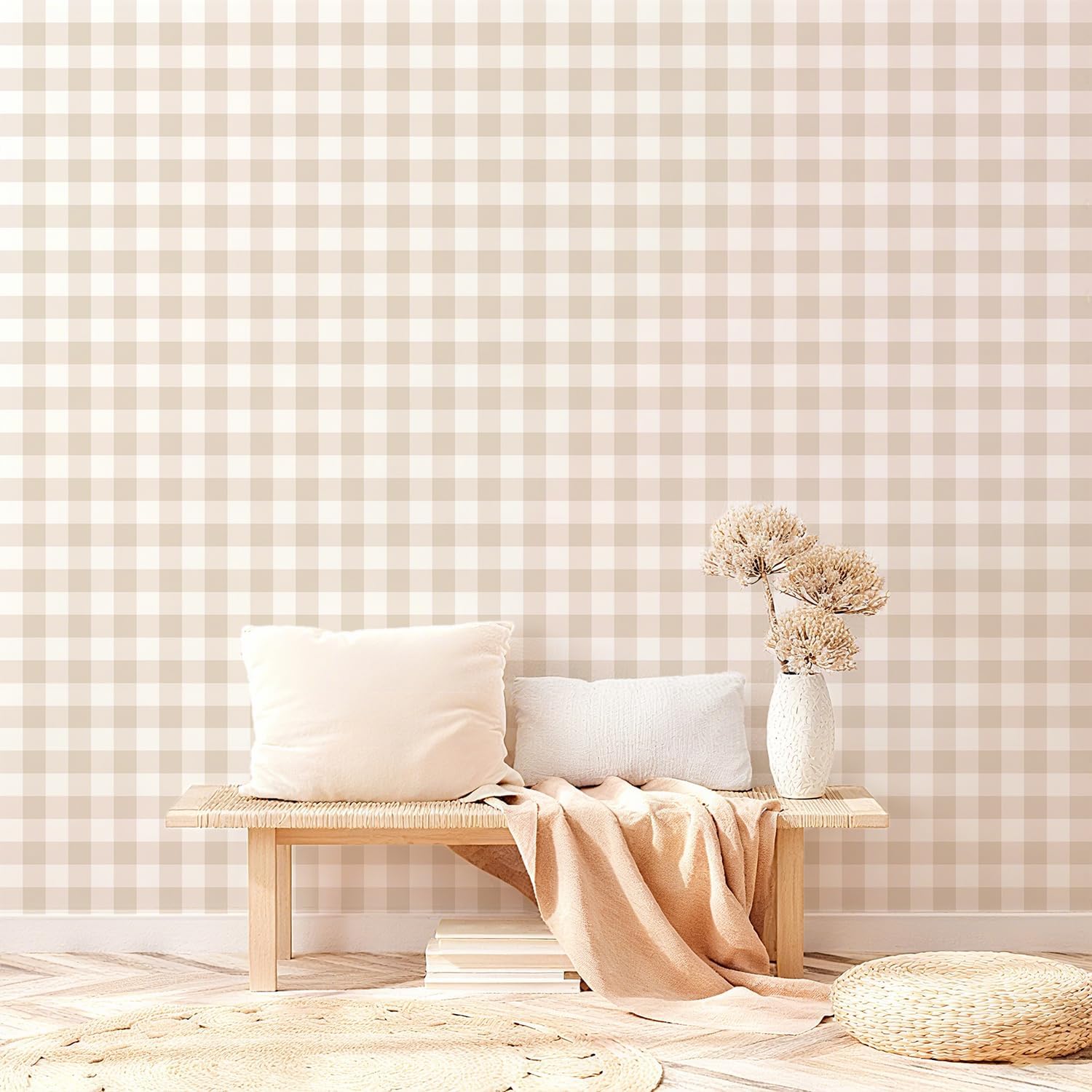 Plaid Peel and Stick Wallpaper – Beige Boho Checkered Contact Paper, Removable Vinyl Self-Adhesive Plaid Wallpaper for Bedroom, Nursery, Study Room, Living Room, 17.7''x393''