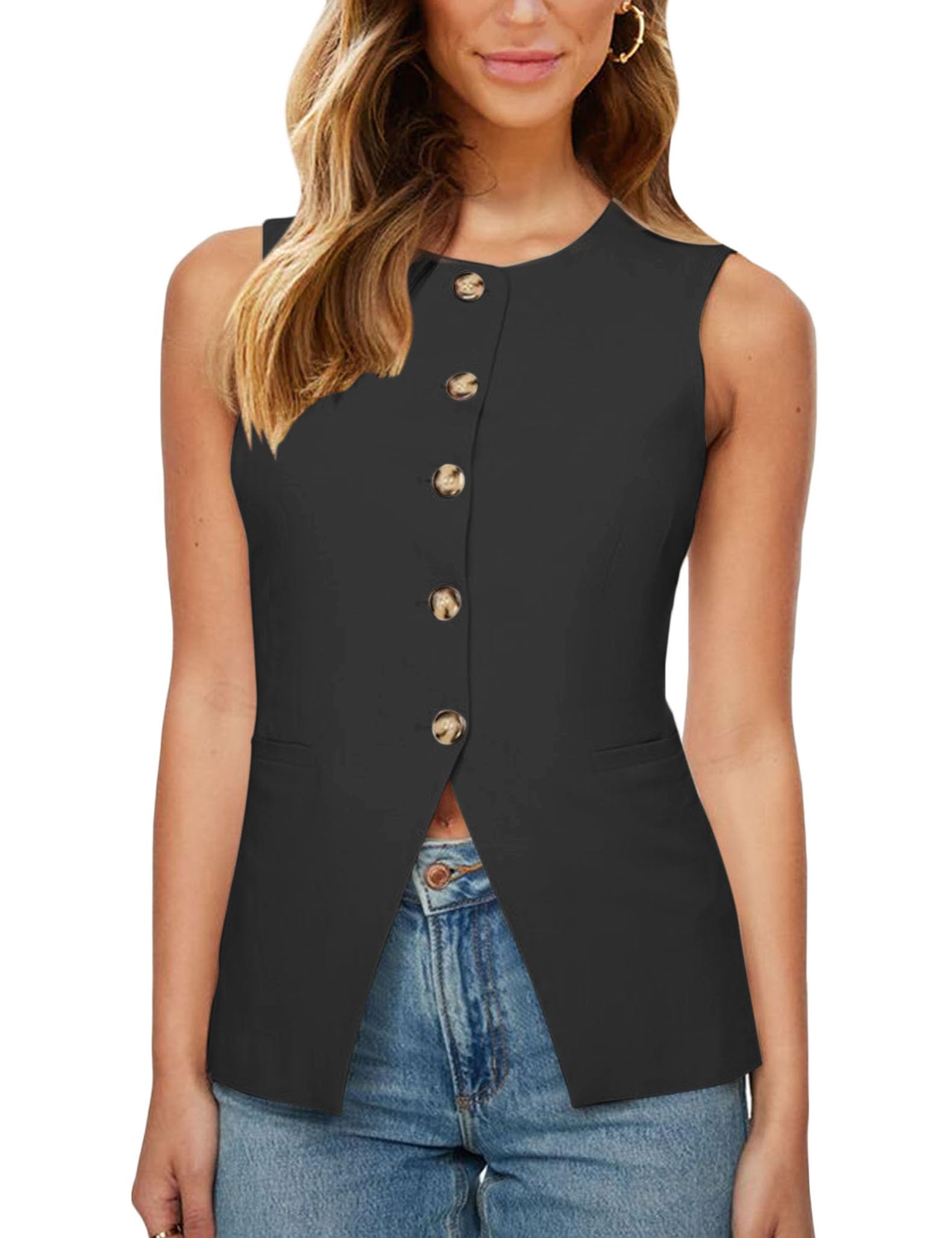 Fallorchidwomens Round Neck Suit Vest Sleeveless Button Business