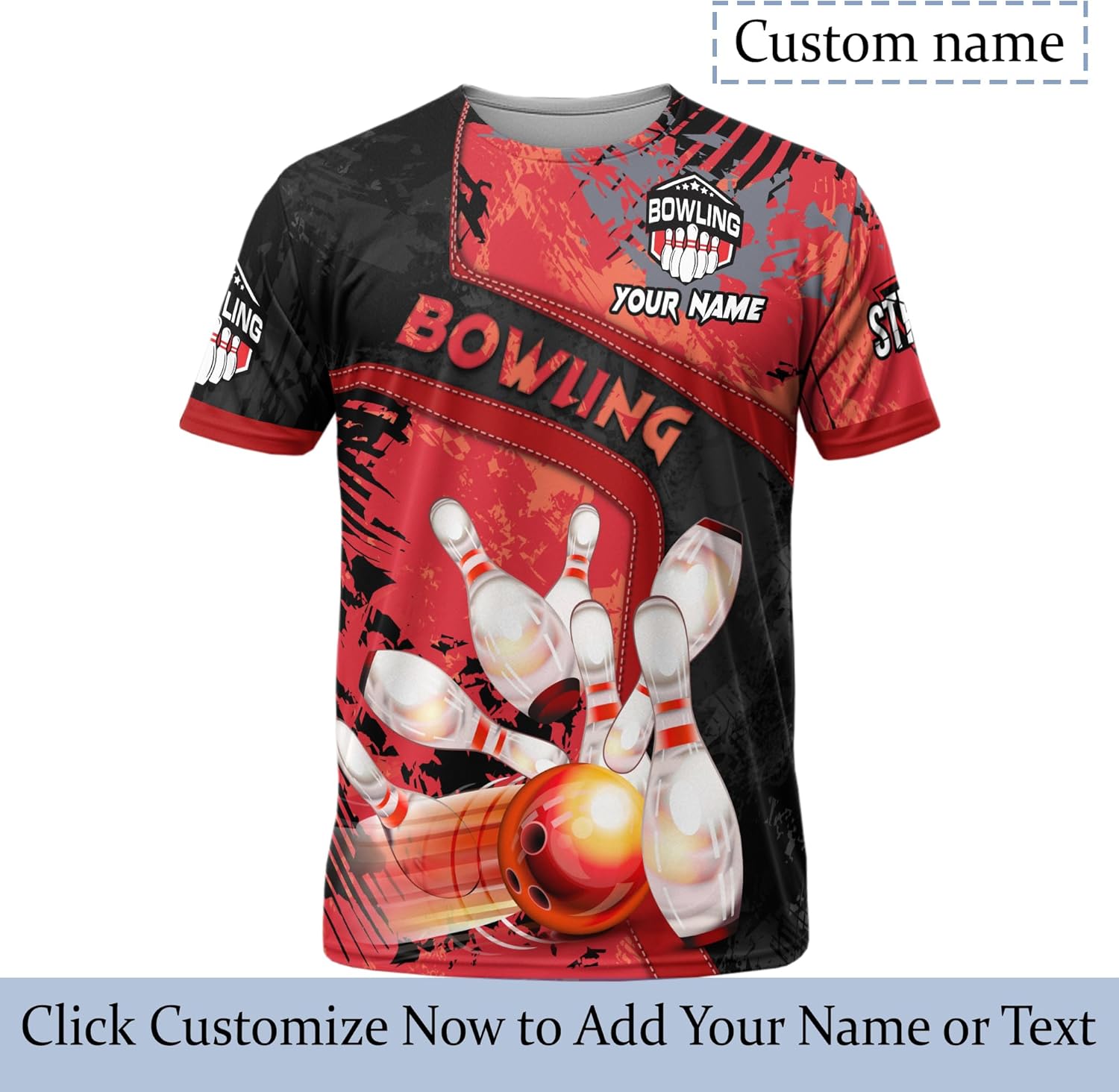 Unisex Bowling Tshirt Custom Red Strike Bowling Pin Tee Shirt for Bowling Team 3 D Bowling Clothing