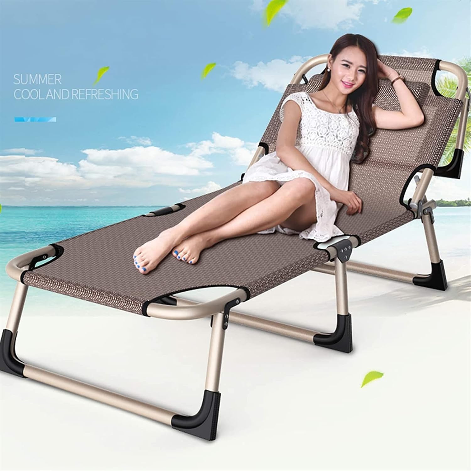 Portable Folding Camping Cot Adjustable 4-Position Patio Reclining Lounger Chair,Office Lunch Break Single Bed,Breathable Fabric Material for Camping Garden Beach Outdoor Activities (Blue)