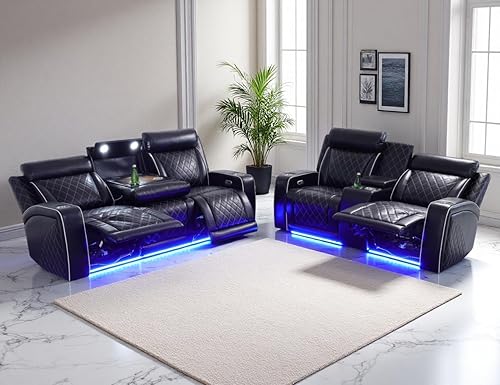 Miniatura 47 de Juego de sofá reclinable eléctrico, juego de sofá reclinable de cine en casa, sofá biplaza reclinable de cuero transpirable con Debut negro,Negro