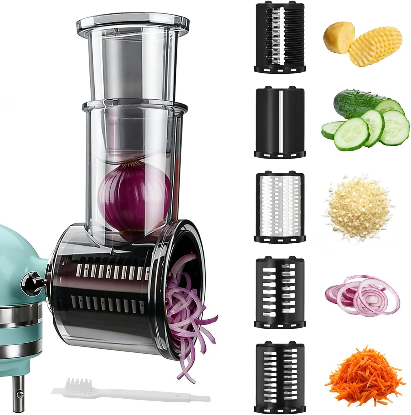 Stainless Steel Slicer Shredder Attachments for KitchenAid Stand Mixers with Detachable 5 Blades,Cheese Grater,Salad Maker,Vegetable Shredder Food Chopper Grinding Accessories with Cleaning Brush