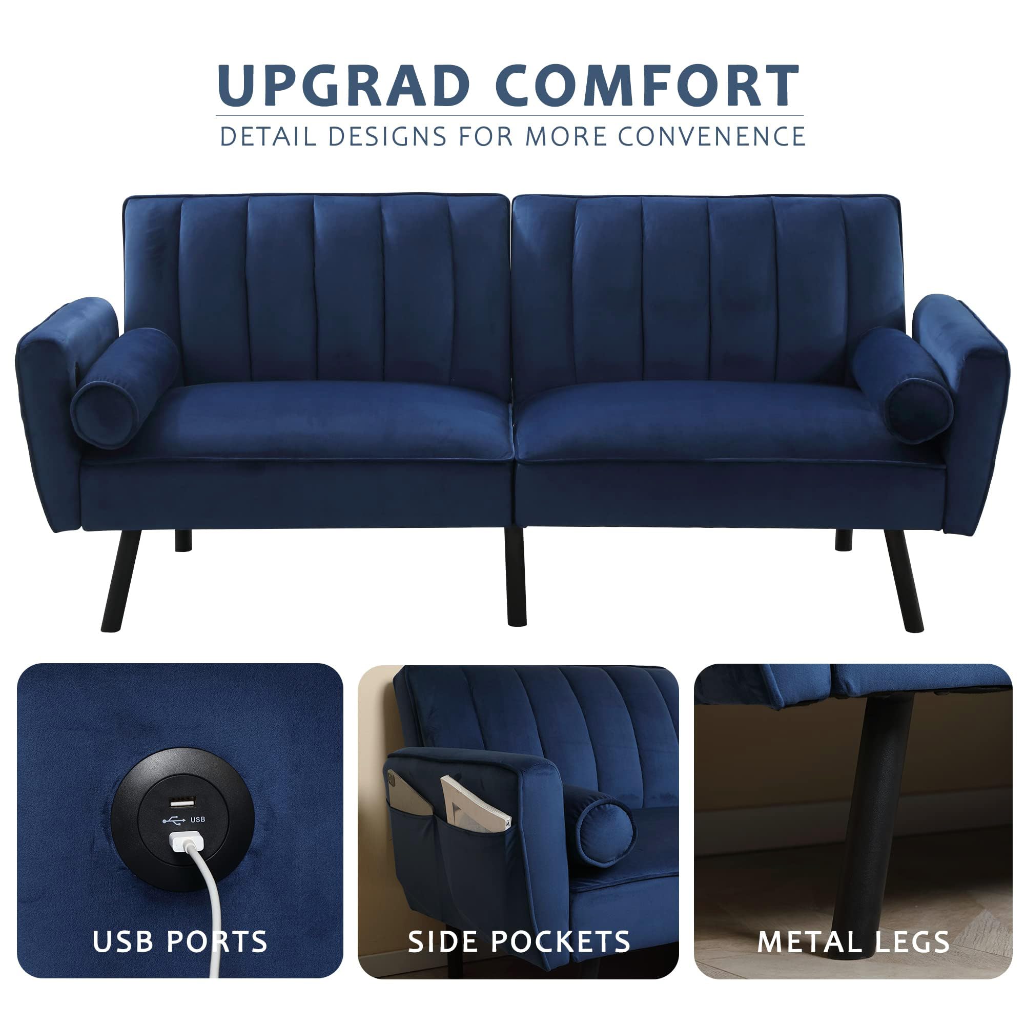 DURASPACE Velvet Loveseat Sleeper Sofa 74" Convertible Futon Couch with USB, Loveseat Coach for Dorm, Apartment, Bonus Room,Compact Living Space (Navy Blue)