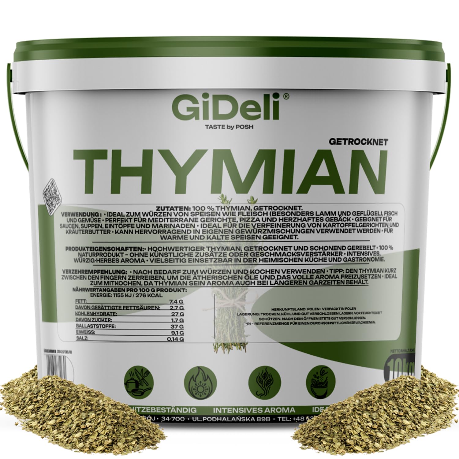 GiDeli Thymian Getrocknet 10kg im Eimer- 100% Naturprodukt ohne Zusätze - Schonend Gerebelt mit Intensivem Aroma - Hitzebeständig zum Mitkochen- Ideal für Fleisch, Pizza, Suppen & Mediterrane Gerichte