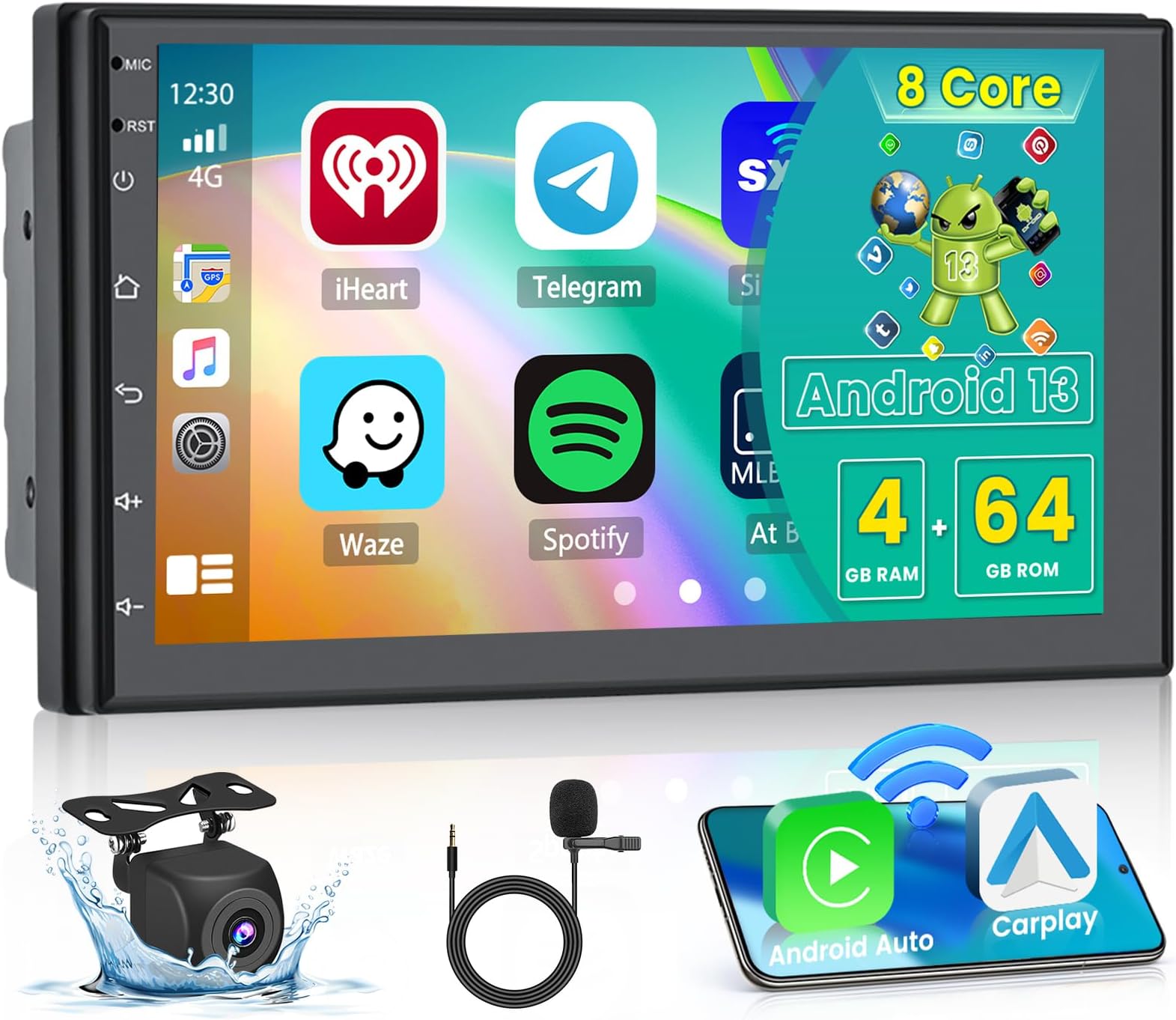 Hikity 4 + 64 GB Android 13 Car Radio Apple CarPlay Android Car Wireless 7 Inch Touchscreen Car Radio with Bluetooth WiFi GPS FM DSP 59 UI Rear Camera with