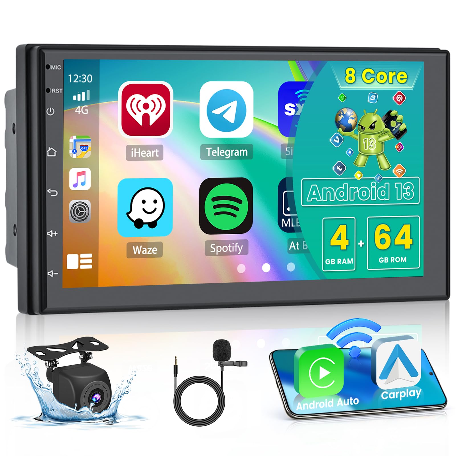 4G+64G Wireless Carplay Android 13 Autoradio 2 Din Avec Android Auto GPS Navi WiFi 7 Pouces Écran Autoradio Avec Mirror Link Bluetooth FM/RDS/32EQ/AI DSP/DAB/OBD/DVR Commande Au Volant Caméra De Recul