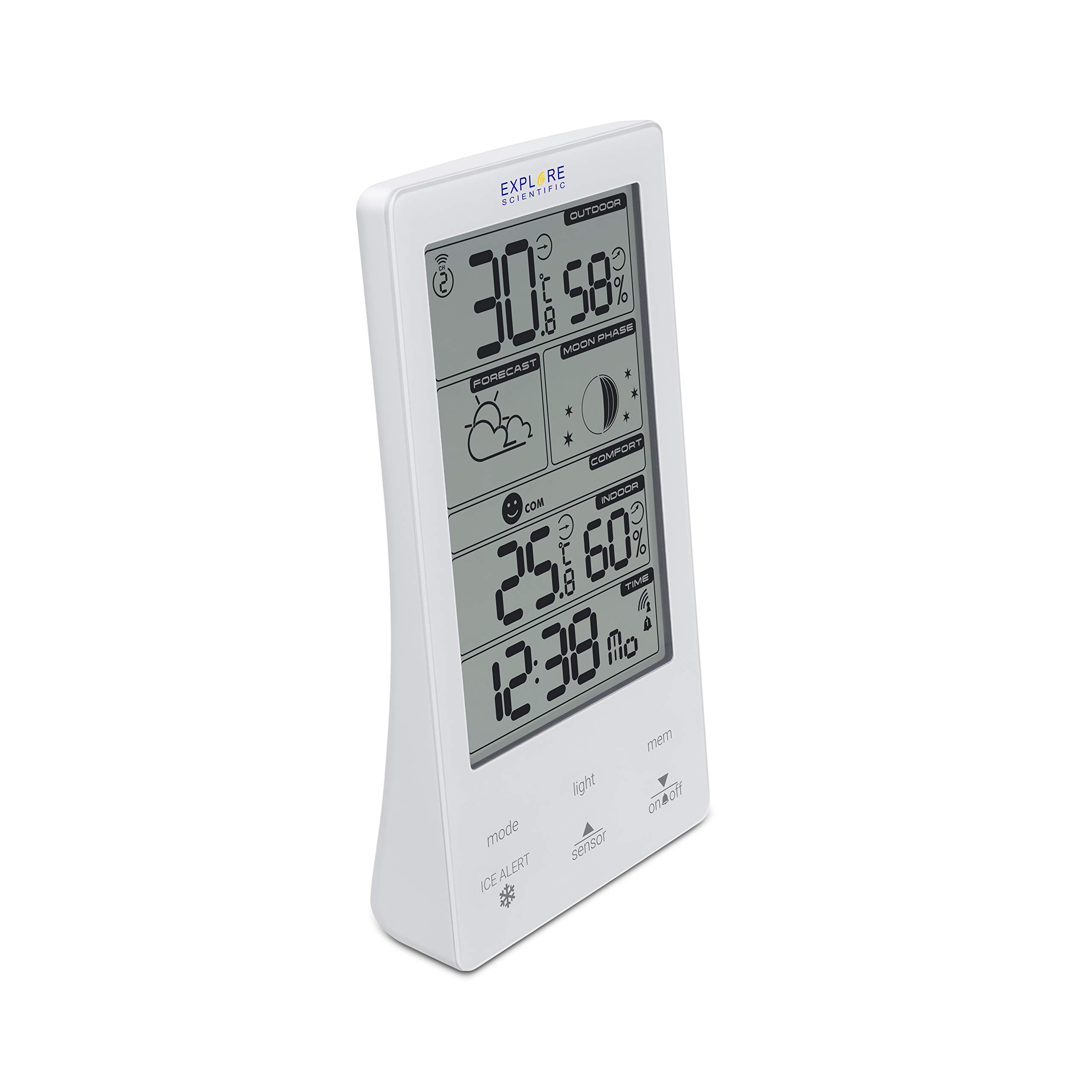 Explore Scientific WSH4009, Stazione meteo con display touch Bianco e Nero, Previsioni del tempo, Dual alarm, Fasi lunari, Bianco